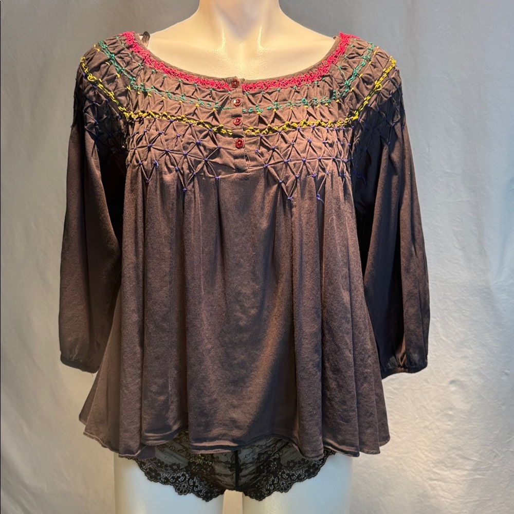 Free People Black Blouse with Colorful Embroidery